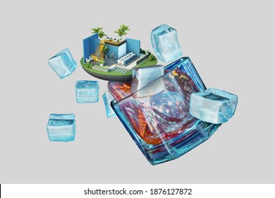 3D rendering of architectural plans in coffee cups
