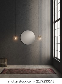 3d rendering
Architecture, dark walls and large window.Walls covered with gray tiles and parquet flooring with wooden shelves. Ethnic rug, Decorative elements of a round mirror and two lights hanging 