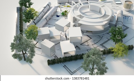 3D Rendering Of The Architecture Model Of A Circular Building With Trees On Top Of Blueprints, Documents  And Energy Efficiency Chart