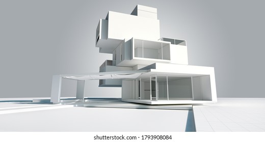 3D Rendering Of The Architecture Model Of A Modern House Built In Different Independent Levels 
