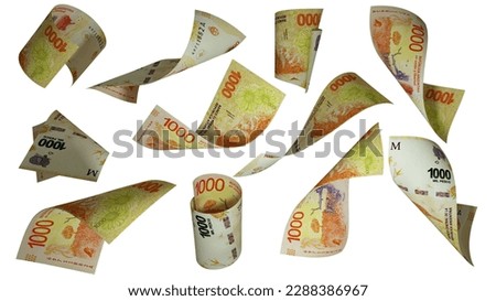 3D rendering of Argentinian peso notes flying in different angles and orientations isolated on white background