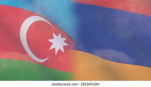 3d Rendering Of Armanian And Azerbaijan Flags Waving In The Dawn Sky. Armenia And Azerbaijan Crisis, Nagorno Karabakh Conflict Concept.