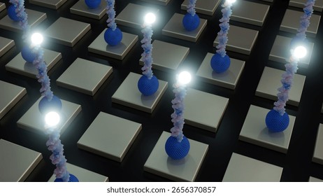 A 3d rendering of array of DNA biosensors, a system designed for detection or analysis; the illuminated biosensors.