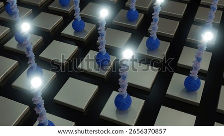 A 3d rendering of array of DNA biosensors, a system designed for detection or analysis; the illuminated biosensors.