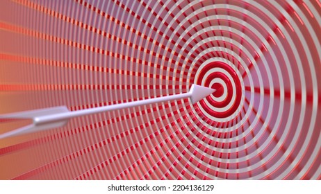 3D Rendering Of An Arrow Stuck Right At The Middle Of The Bullseye Target; A Representation Of Success, Goal, Accuracy, Aim, Etc. A Form Of Modern Conceptual Graphic Art