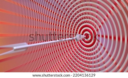 3D rendering of an arrow stuck right at the middle of the bullseye target; a representation of success, goal, accuracy, aim, etc. A form of modern conceptual graphic art