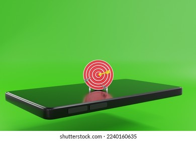 3D rendering Arrow target on dartboard with smartphone on green background. Concept of success solution, Business achieving goals, startup mobile application