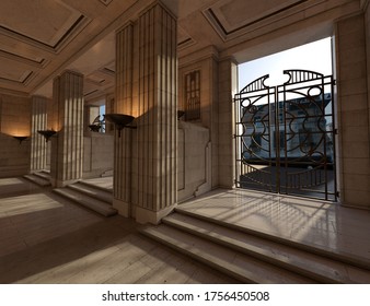3D rendering of an art deco style lobby entrance