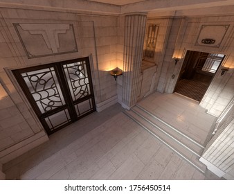 3D rendering of an art deco style lobby entrance