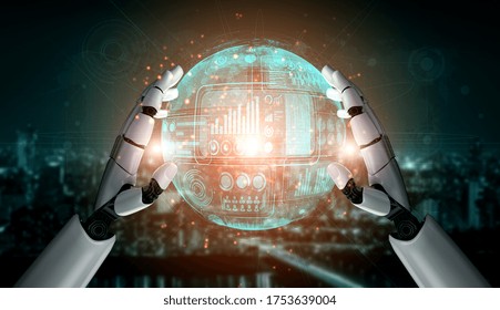 3D rendering artificial intelligence AI research of robot and cyborg development for future of people living. Digital data mining and machine learning technology design for computer brain.