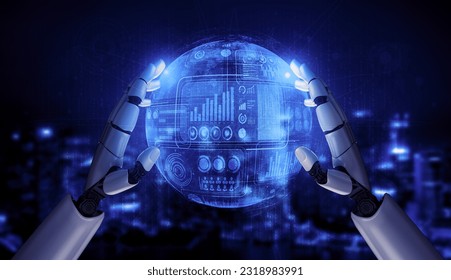 3D rendering artificial intelligence AI research of robot and cyborg development for future of people living. Digital data mining and machine learning technology design for computer brain.