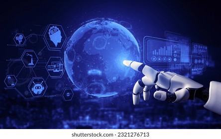 3D rendering artificial intelligence AI research of robot and cyborg development for future of people living. Digital data mining and machine learning technology design for computer brain.