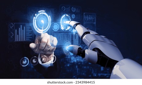 3D rendering artificial intelligence AI research of robot and cyborg development for future of people living. Digital data mining and machine learning technology design for computer brain.