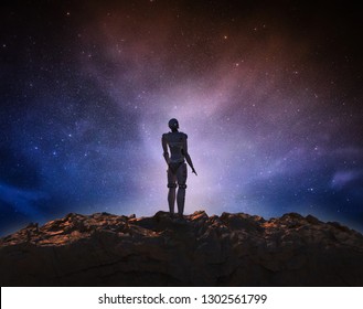 3d Rendering Artificial Intelligence Robot With Outer Space Background