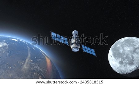 3D rendering of the artificial satellite and the Earth.  Elements of this Image Furnished by NASA.