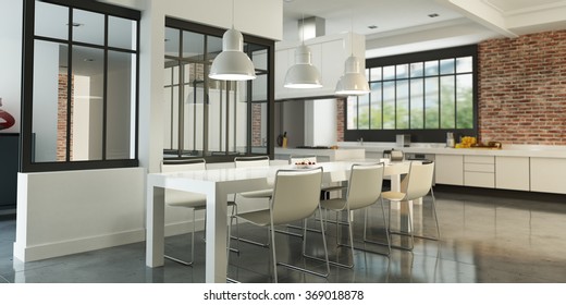 3D Rendering Of An Artist Loft With A Magnificent Integrated Kitchen