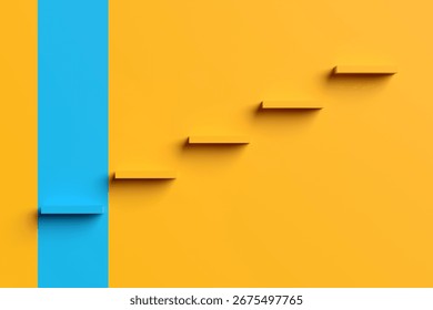3D rendering of ascending steps against a vibrant yellow wall, representing growth, progress, business startup and the journey toward achievement