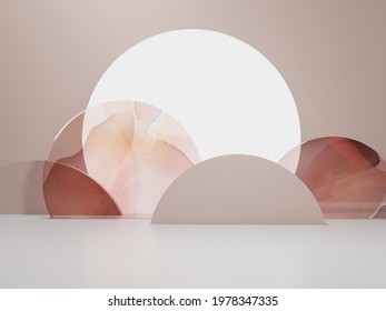 3D Rendering Asian, Chinese, Japanese Or Korean Style Product Display Background. Shiny Moon, Watercolor Glass Screen And Paper Cutting Props For Festive Food, Beverage And Beauty Products.