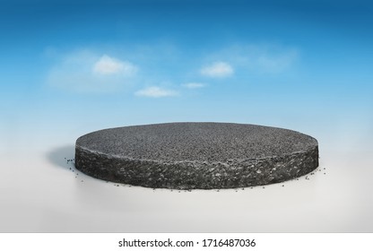 3D Rendering Asphalt Road On Circle Cross Section , Realistic 3D Round Cutaway With Tar Road Isolated On Blue Sky