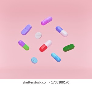 3d Rendering. Assorted Medicine Pills, Tablets And Capsules. Health Care Concept.