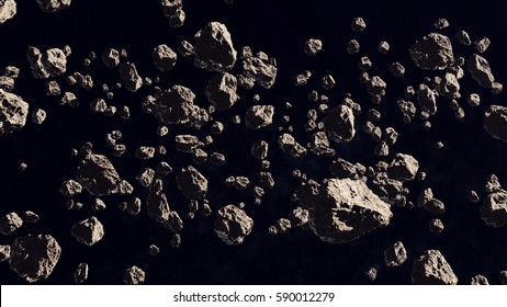 3d Rendering Of Asteroid Field On A Black Backdrop.