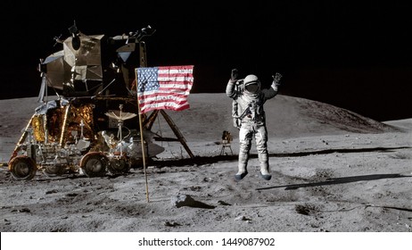 3D rendering. Astronaut jumping on the moon and saluting the American flag. CG Animation. Elements of this image furnished by NASA.