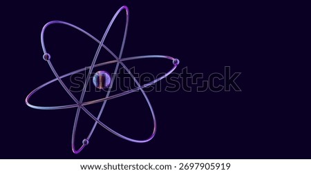 3D rendering of atom structure with electron orbits on dark background. Abstract model showing nucleus and electron orbits. Science, physics, chemistry, nuclear energy, technology design concept	