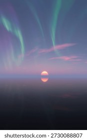3d Rendering of aurora lights over a tranquil sea at sunset with a crescent moon 3d Rendering