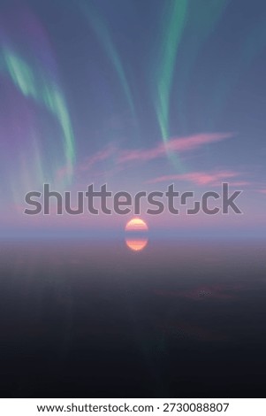 3d Rendering of aurora lights over a tranquil sea at sunset with a crescent moon 3d Rendering