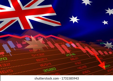 3D Rendering Of Australia Economic Downturn With Stock Exchange Market Showing Stock Chart Down And In Red Negative Territory. Business And Financial Money Market Crisis Concept. Illustration.