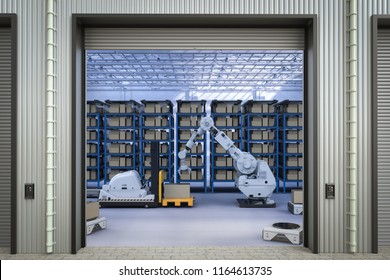 3d Rendering Automatic Forklift And Robot Arm In Warehouse