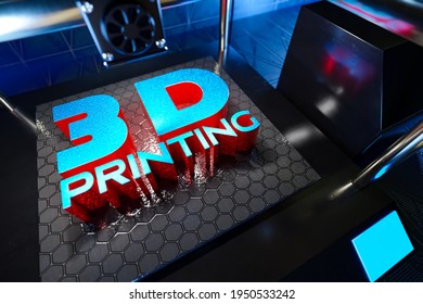 3d rendering of automatic three-dimension 3d printer printing and typography object 3D Printing word from hot molten plastics.