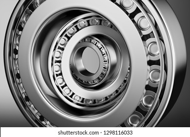 3D rendering. Automotive bearings auto spare parts. Tapered roller bearing isolated on a dark background. Wheel bearing for truck, heavy duty and car.