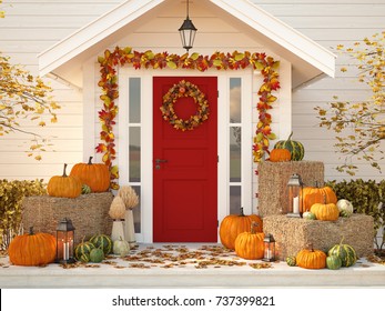 3d Rendering. Autumn Decorated House With Pumpkins And Hay.