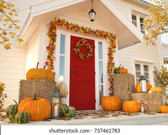 3d Rendering. Autumn Decorated House With Pumpkins And Hay.