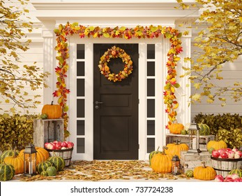 3d rendering. autumn decorated house with pumpkins and hay. - Powered by Shutterstock