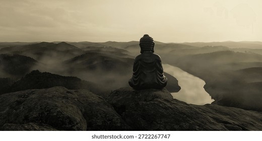 3D Rendering of back of buddha statue in front of foggy mountain landscape
