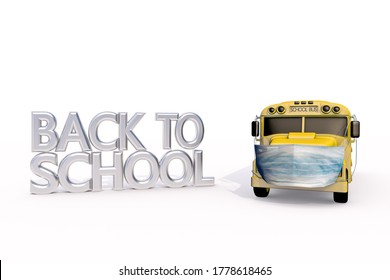 3d Rendering Of Back To School Concept During The Pandemic. Yellow School Bus And Surgical Mask With BACK TO SCHOOL Text. Preventing The Coronavirus By Wearing A Face Mask And Keep Physical Distancing