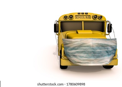 3d Rendering Of Back To School Concept During The Pandemic. Yellow School Bus With Surgical Mask. Preventing The Coronavirus By Wearing A Face Mask And Keep Physical Distancing.