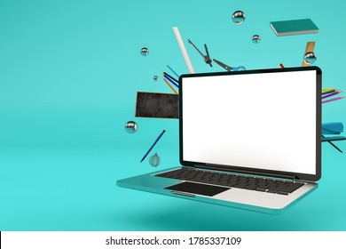 3d Rendering Of Back To School Concept, Set Of School Supplies On Turquoise Background. E-learning Class And Activity To Continue Education At Home Due To School Closing, Learn From Home.