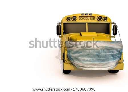 3d rendering of back to school concept during the pandemic. Yellow school bus with surgical mask. Preventing the coronavirus by wearing a face mask and keep physical distancing.