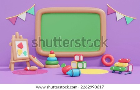 3D Rendering back to school interior study room for children cute icon cartoon style. 3D Render illustration.