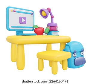 3D Rendering back to school studying online education cartoon style. 3D Render illustration.