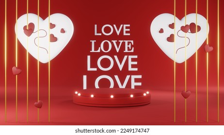3D rendering of backdrop for displaying products for Valentine's Day red scene podium
