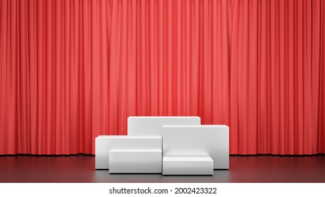 3D rendering background. Five block podium display products with curtain glossy background. Image for presentation.