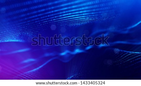 3d rendering background of glowing particles with depth of field, bokeh. Microworld or sci-fi theme. Particles form line and 3d surface grid. Blue 2