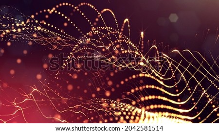 3d rendering background of microworld or sci-fi theme with glowing particles form curved lines, 3d surfaces, grid structures with depth of field, bokeh. Golden red wave forms