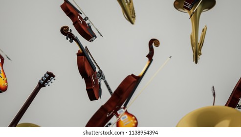 3D rendering background Multi Music instrument falling