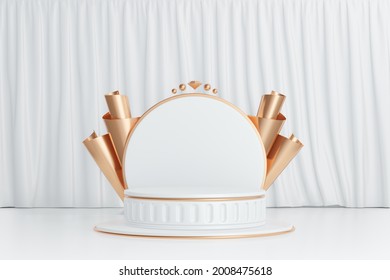 3D Rendering Background. Roman Style Gold Cylinder Stage Podium With Round Circle Wall And Gold Diamond On White Curtain Background. Image For Presentation.