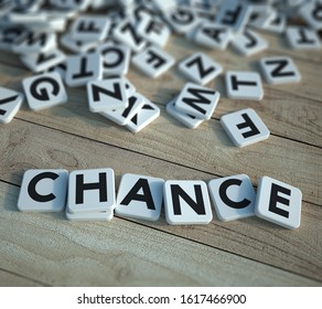 3D rendering  of a background with scattered letter tiles with a small group forming the word chance